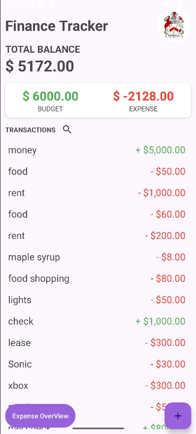 An image of the main UI for the finance tracker app