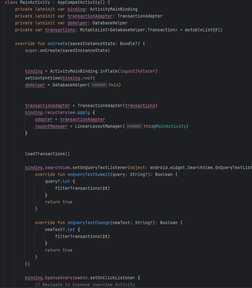 snippet of code from the main activity code