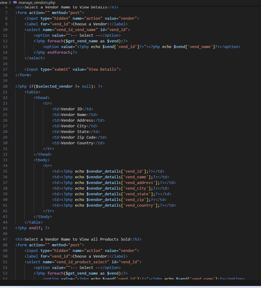 Code for the Acme corporation manage_vendors.php
