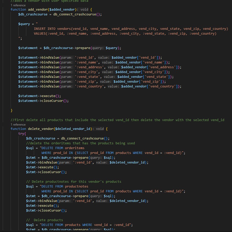Code for the Acme corporation db_vendor_functions.php which handles all sql querys into the database for vendors
