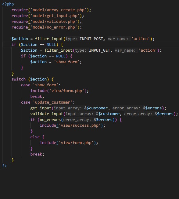 Image of the main.php code as the controller for the model view controller pattern