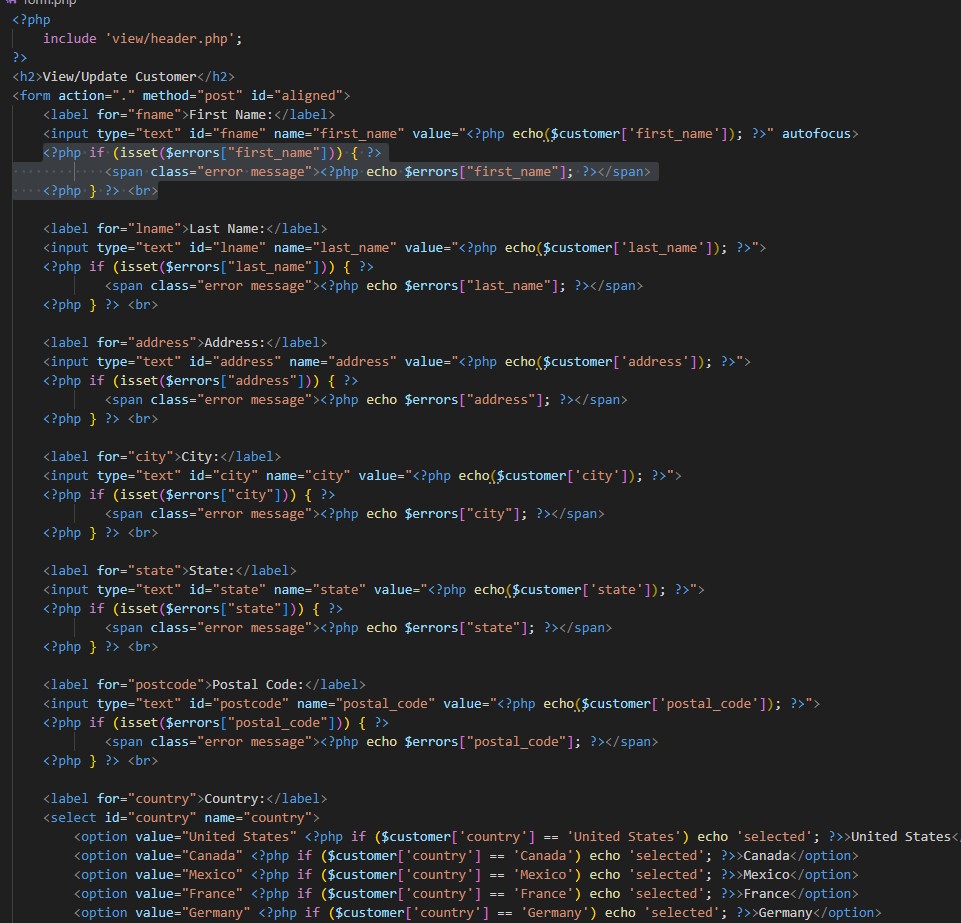 Image of the form code as the view in the mvc pattern