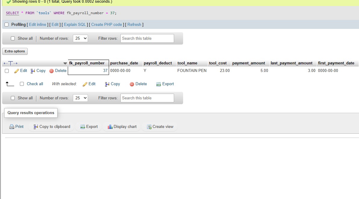 ouput of a select statement for an item that was just added to a database