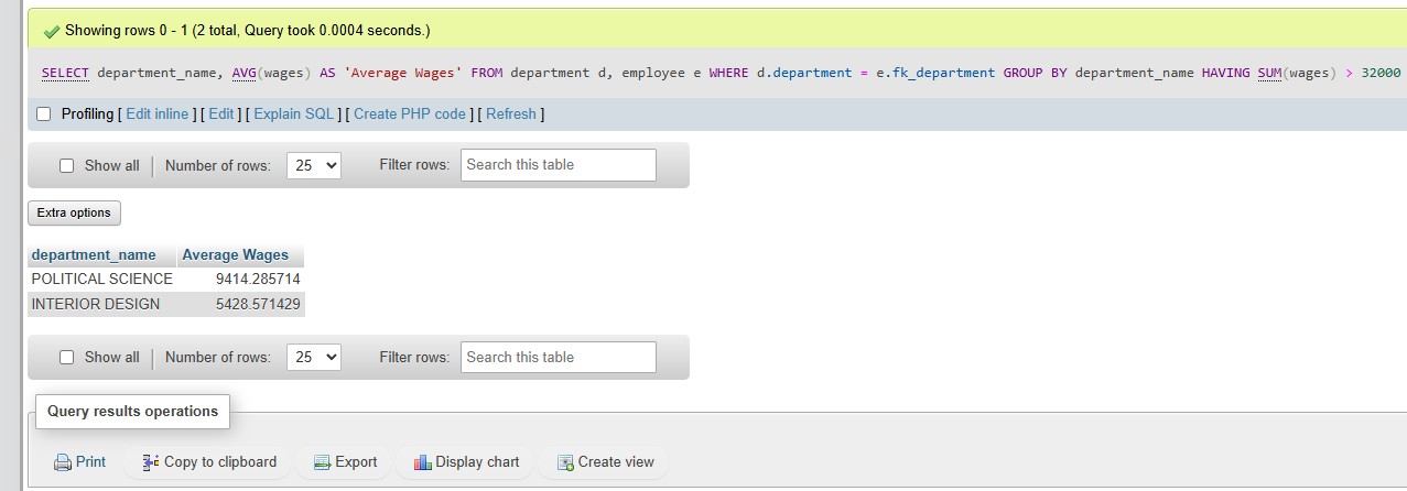 Image of the output from one of these select statments from a table called department