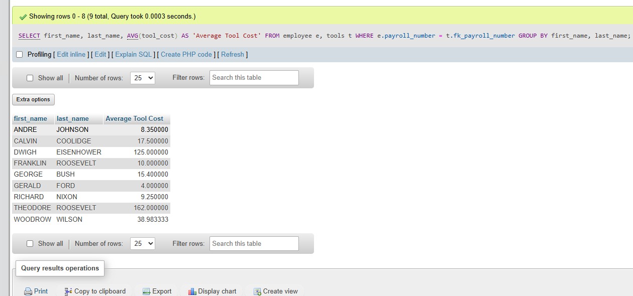 Image of the output from one of these select statements from a table called tools