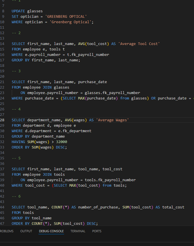 Image of Select Statements written in Mysql to pull datafrom a database